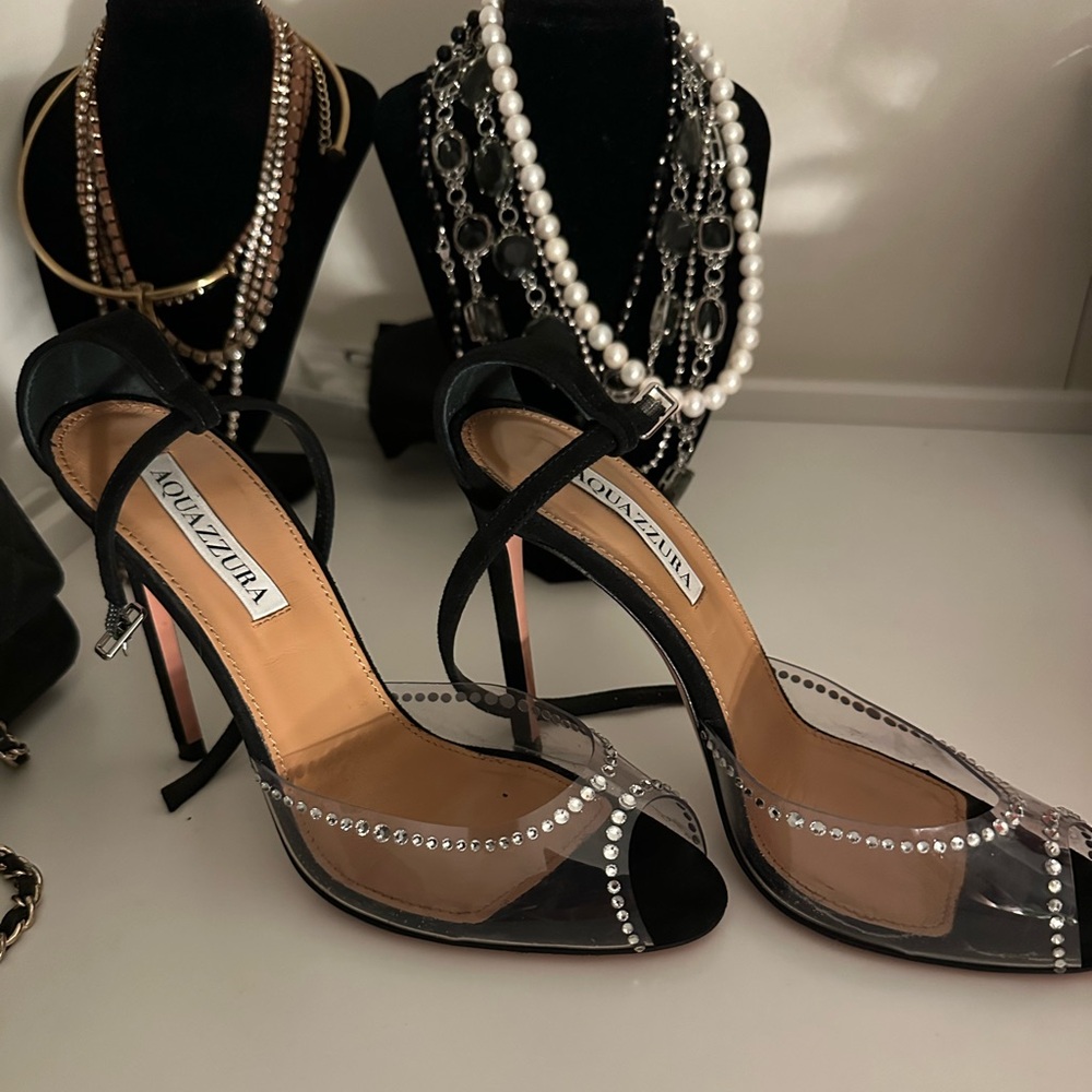 Aquazzura Black and Silver Embellished Heels